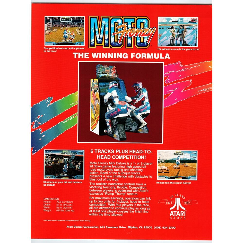 Moto Frenzy Arcade Video Game Flyer Original 1992 Retro 8.5" x 11" Motorcycles